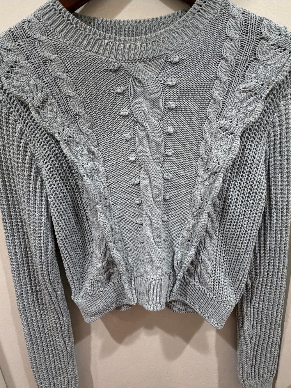 Zara Pale Blue Cable & Bobble Knit Crewneck Sweater